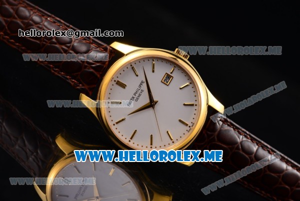 Patek Philippe Calatrava Miyota Quartz Yellow Gold Case with White Dial and Brown Leather Strap Stick Markers - Click Image to Close